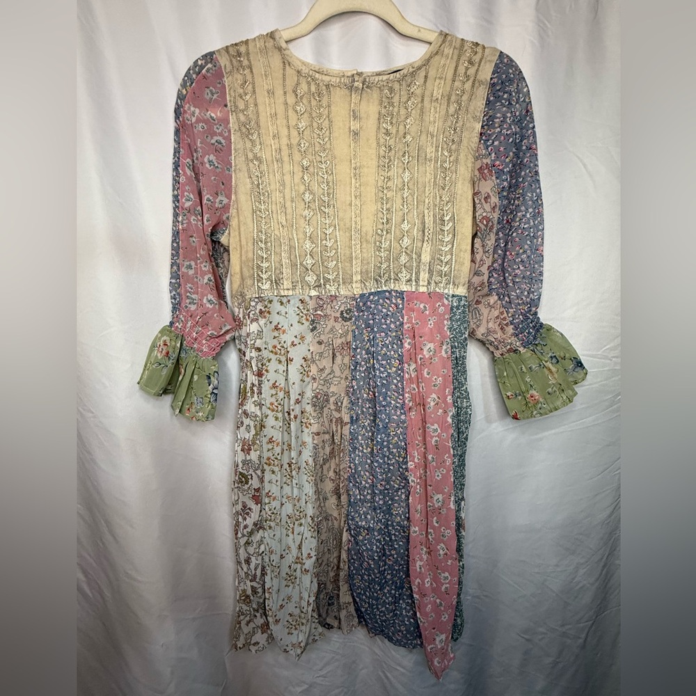 Boho Patchwork Long Sleeve Floral Dress - Multicolor